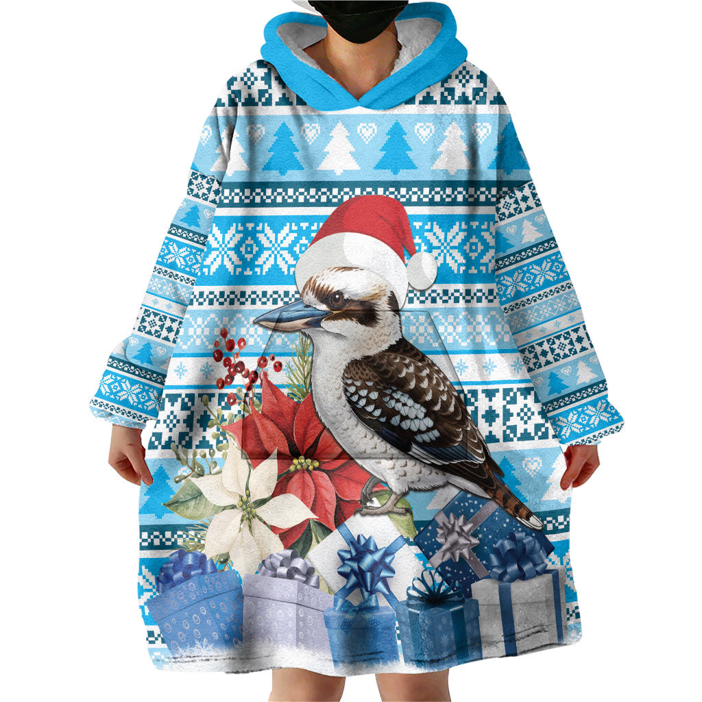 Australia Christmas In July Wearable Blanket Hoodie Kookaburra Santa Blue Color