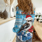 Australia Christmas In July Women Casual Shirt Kookaburra Santa Blue Color