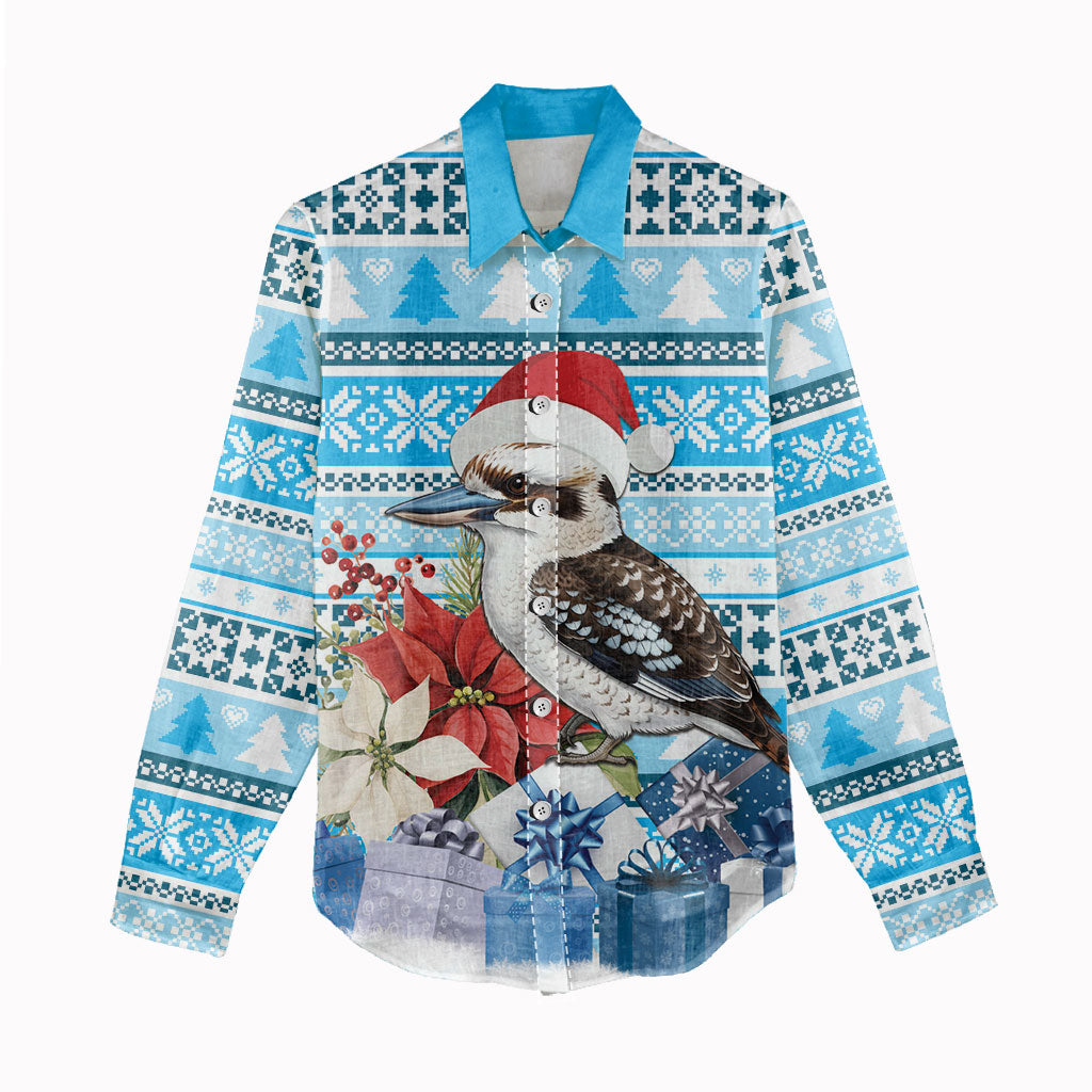 Australia Christmas In July Women Casual Shirt Kookaburra Santa Blue Color