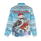 Australia Christmas In July Women Casual Shirt Kookaburra Santa Blue Color