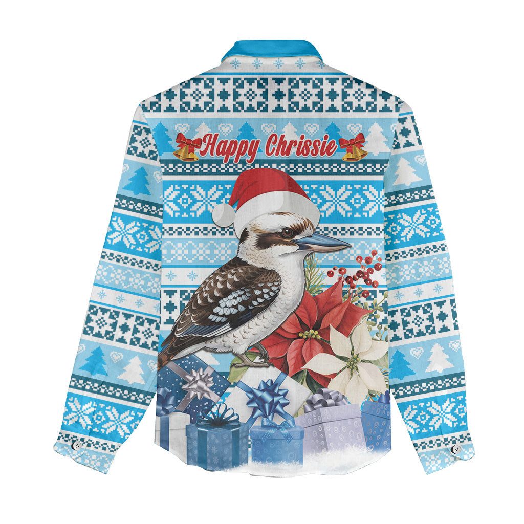 Australia Christmas In July Women Casual Shirt Kookaburra Santa Blue Color