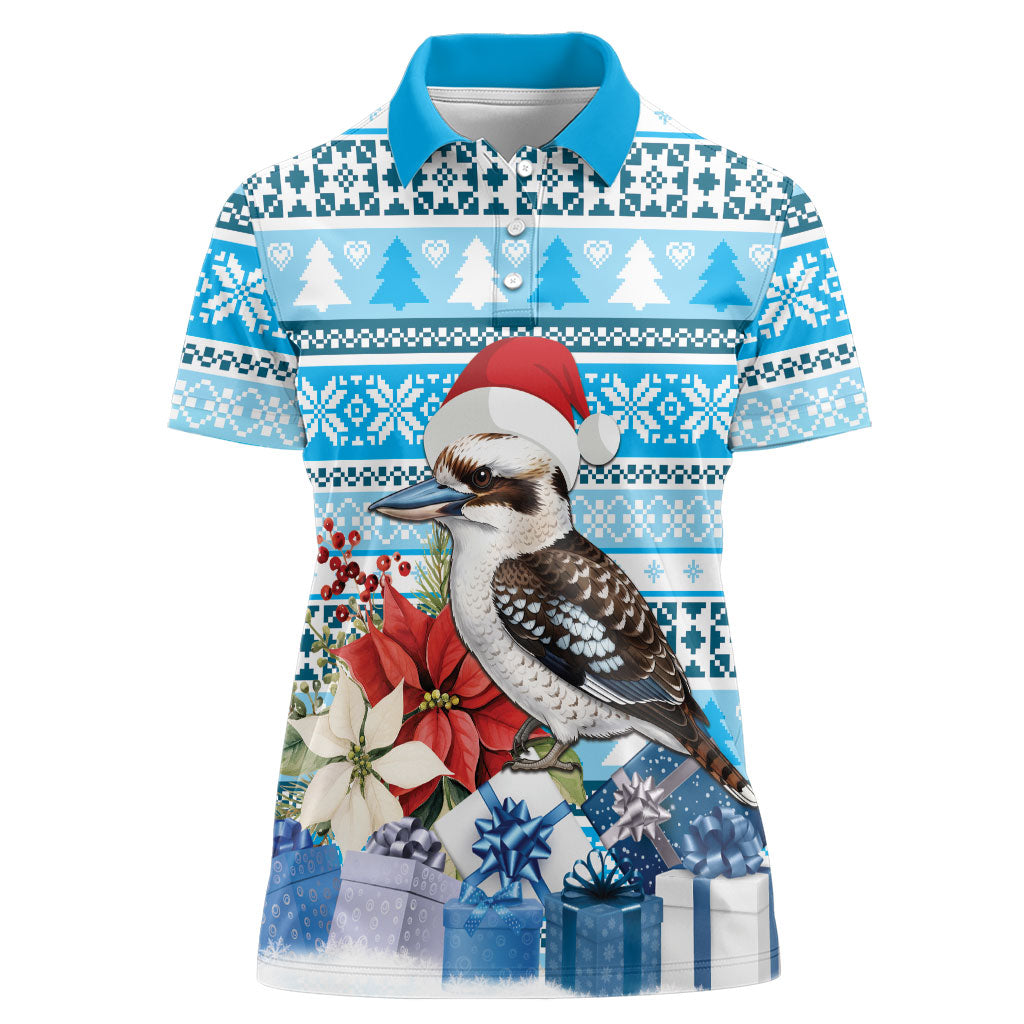 Australia Christmas In July Women Polo Shirt Kookaburra Santa Blue Color