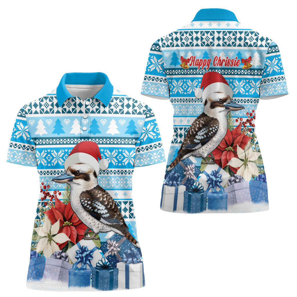 Australia Christmas In July Women Polo Shirt Kookaburra Santa Blue Color