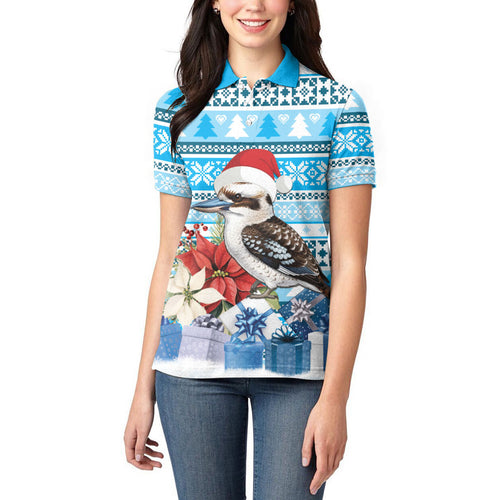 Australia Christmas In July Women Polo Shirt Kookaburra Santa Blue Color