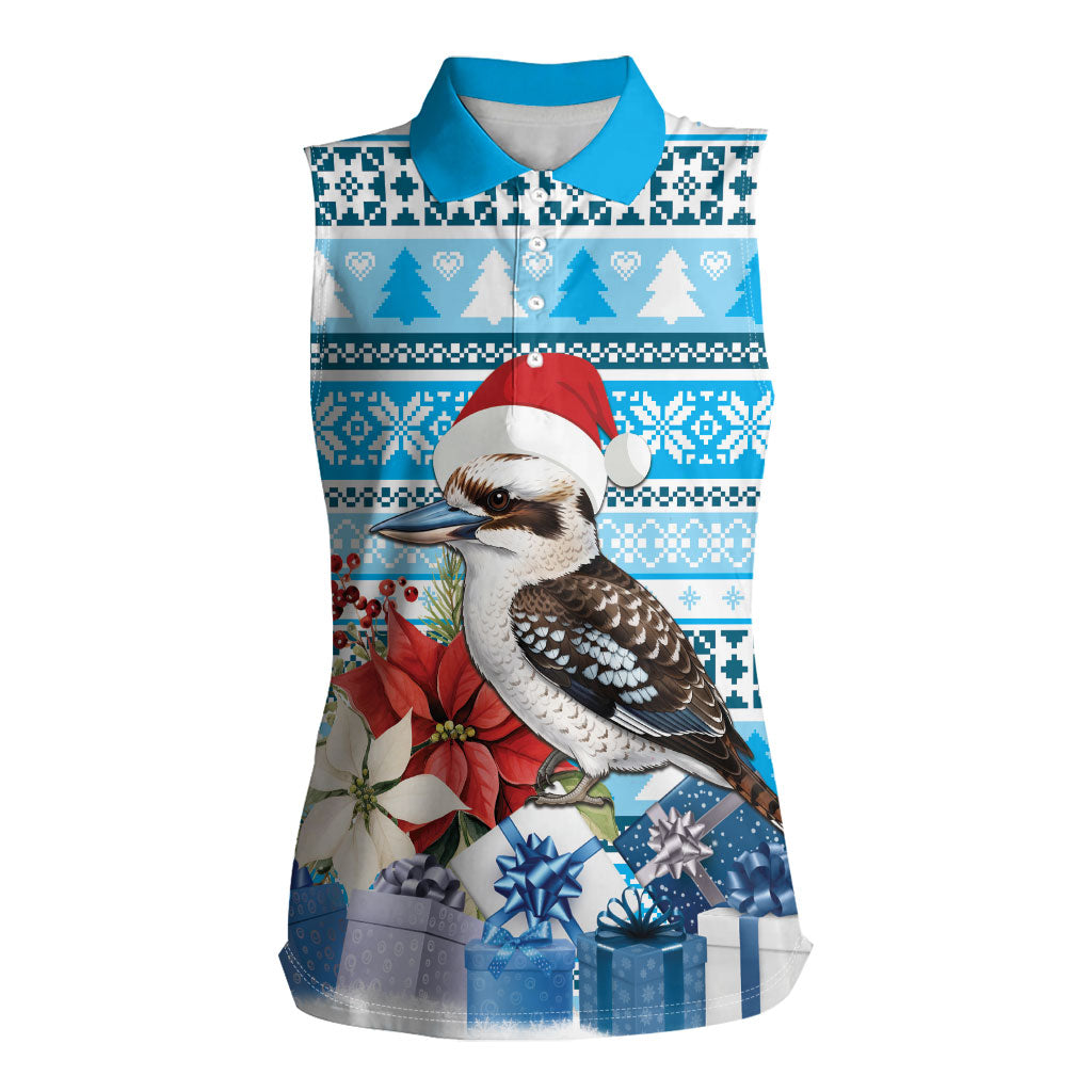 Australia Christmas In July Women Sleeveless Polo Shirt Kookaburra Santa Blue Color