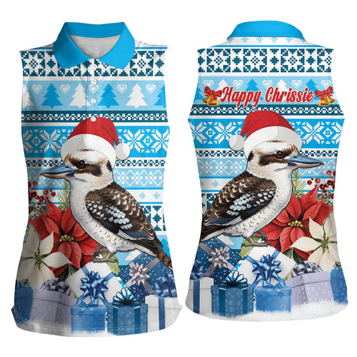 Australia Christmas In July Women Sleeveless Polo Shirt Kookaburra Santa Blue Color