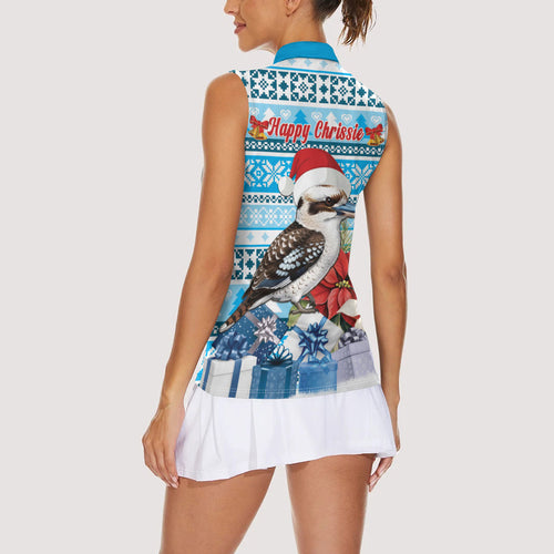 Australia Christmas In July Women Sleeveless Polo Shirt Kookaburra Santa Blue Color
