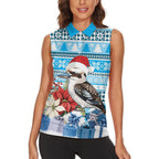 Australia Christmas In July Women Sleeveless Polo Shirt Kookaburra Santa Blue Color