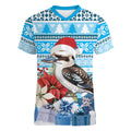 Australia Christmas In July Women V-Neck T-Shirt Kookaburra Santa Blue Color