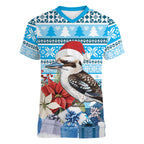 Australia Christmas In July Women V-Neck T-Shirt Kookaburra Santa Blue Color