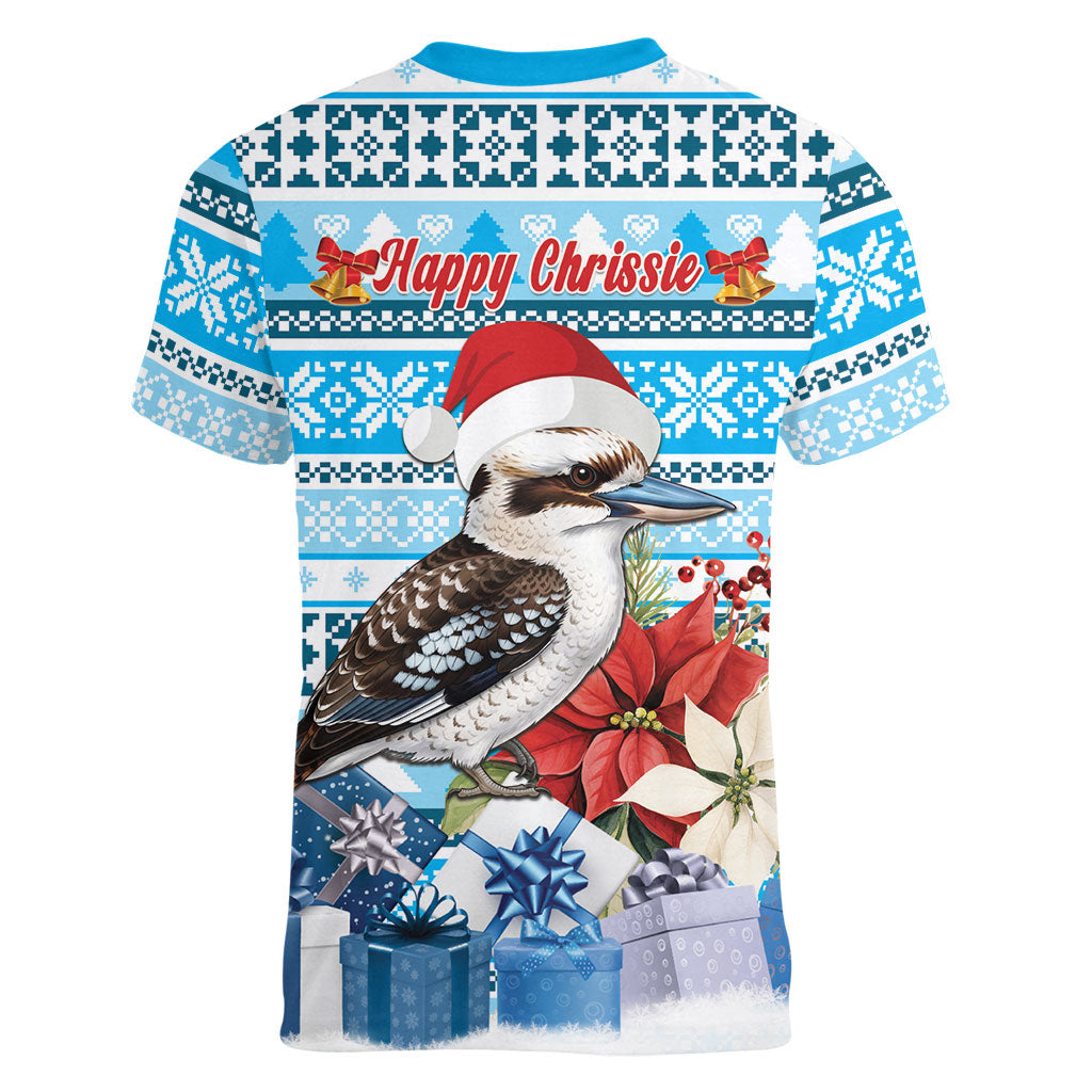 Australia Christmas In July Women V-Neck T-Shirt Kookaburra Santa Blue Color