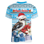Australia Christmas In July Women V-Neck T-Shirt Kookaburra Santa Blue Color