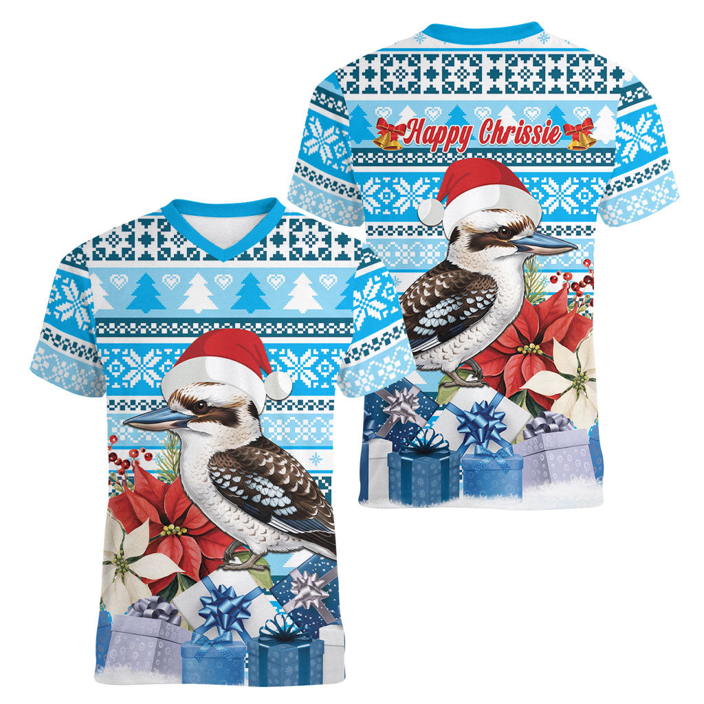 Australia Christmas In July Women V-Neck T-Shirt Kookaburra Santa Blue Color