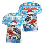 Australia Christmas In July Women V-Neck T-Shirt Kookaburra Santa Blue Color