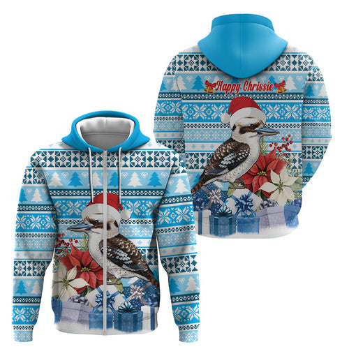 Australia Christmas In July Zip Hoodie Kookaburra Santa Blue Color