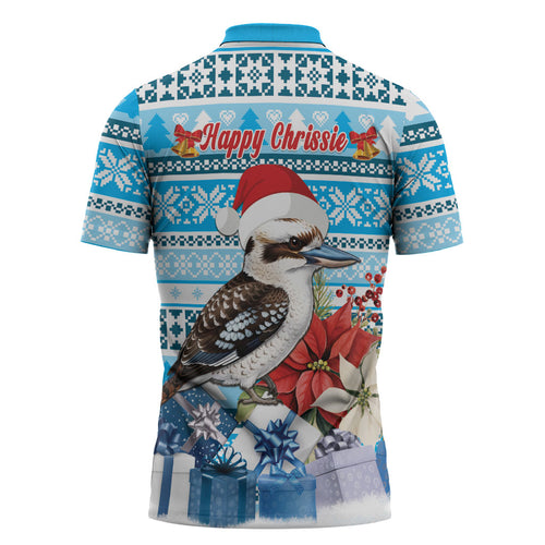 Australia Christmas In July Zipper Polo Shirt Kookaburra Santa Blue Color