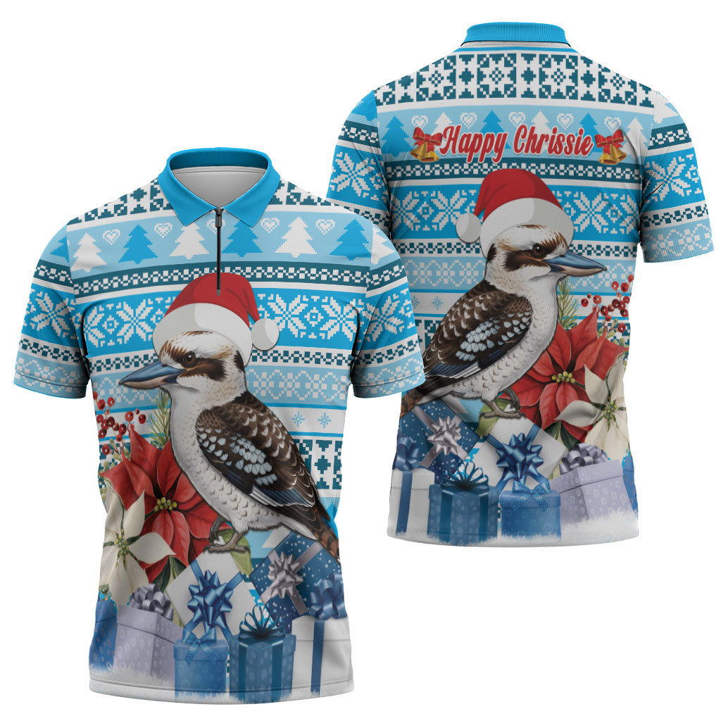 Australia Christmas In July Zipper Polo Shirt Kookaburra Santa Blue Color