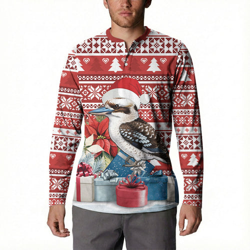 Australia Christmas In July Button Sweatshirt Kookaburra Santa Red Color