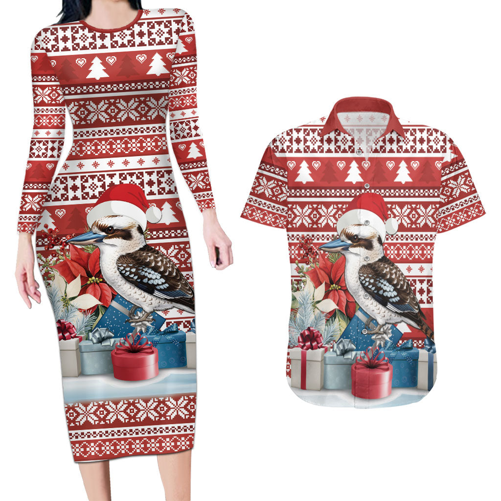 Australia Christmas In July Couples Matching Long Sleeve Bodycon Dress and Hawaiian Shirt Kookaburra Santa Red Color