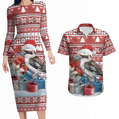 Australia Christmas In July Couples Matching Long Sleeve Bodycon Dress and Hawaiian Shirt Kookaburra Santa Red Color