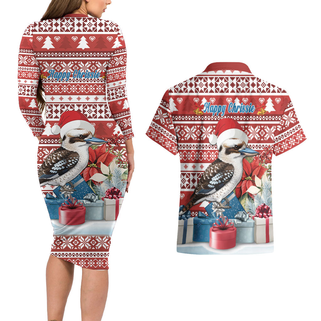 Australia Christmas In July Couples Matching Long Sleeve Bodycon Dress and Hawaiian Shirt Kookaburra Santa Red Color