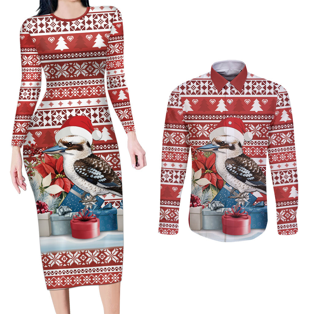Australia Christmas In July Couples Matching Long Sleeve Bodycon Dress and Long Sleeve Button Shirt Kookaburra Santa Red Color