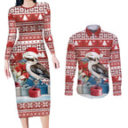 Australia Christmas In July Couples Matching Long Sleeve Bodycon Dress and Long Sleeve Button Shirt Kookaburra Santa Red Color