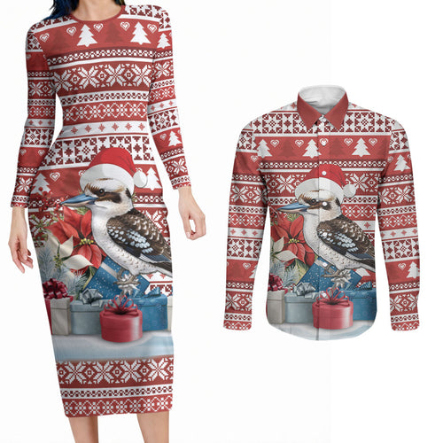 Australia Christmas In July Couples Matching Long Sleeve Bodycon Dress and Long Sleeve Button Shirt Kookaburra Santa Red Color
