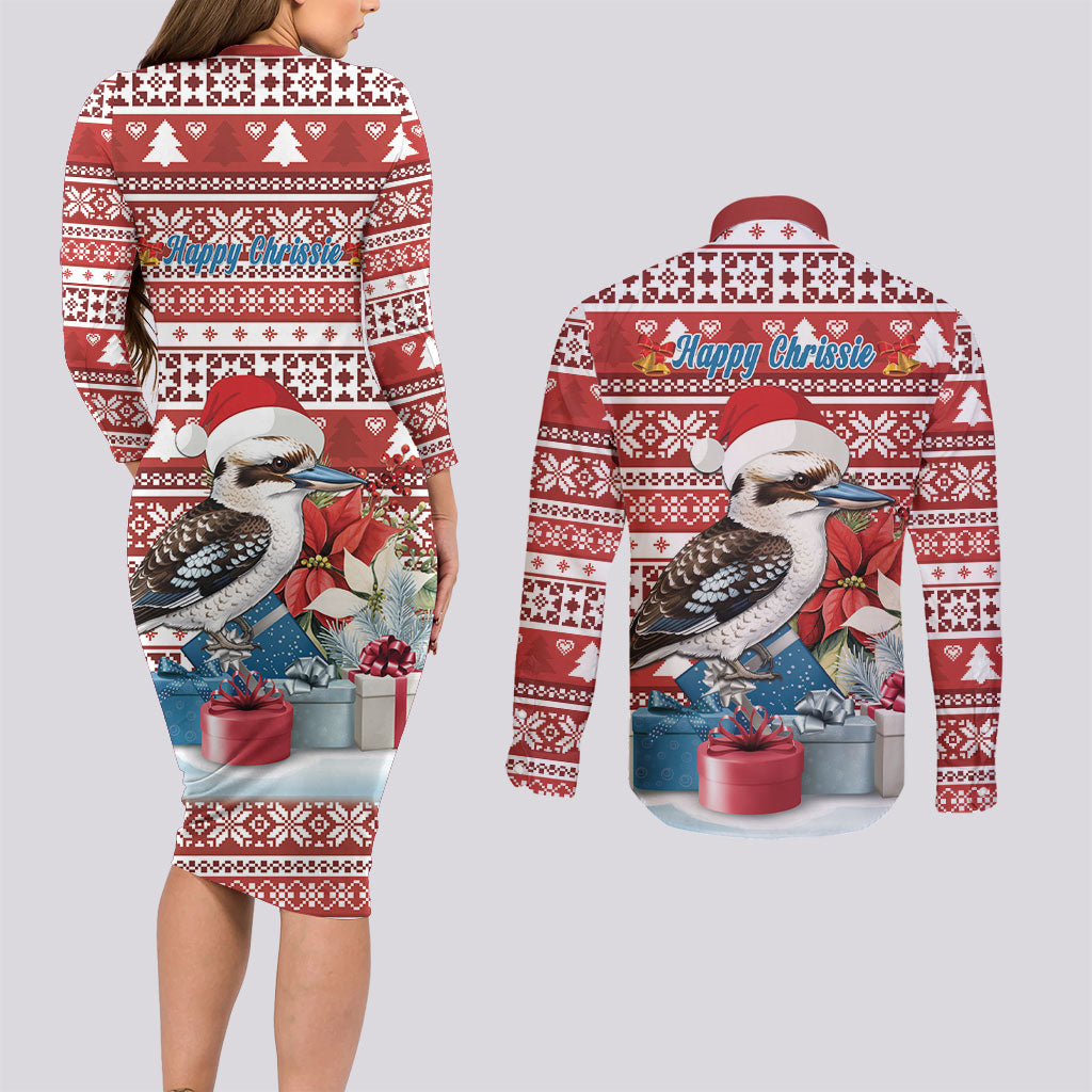 Australia Christmas In July Couples Matching Long Sleeve Bodycon Dress and Long Sleeve Button Shirt Kookaburra Santa Red Color