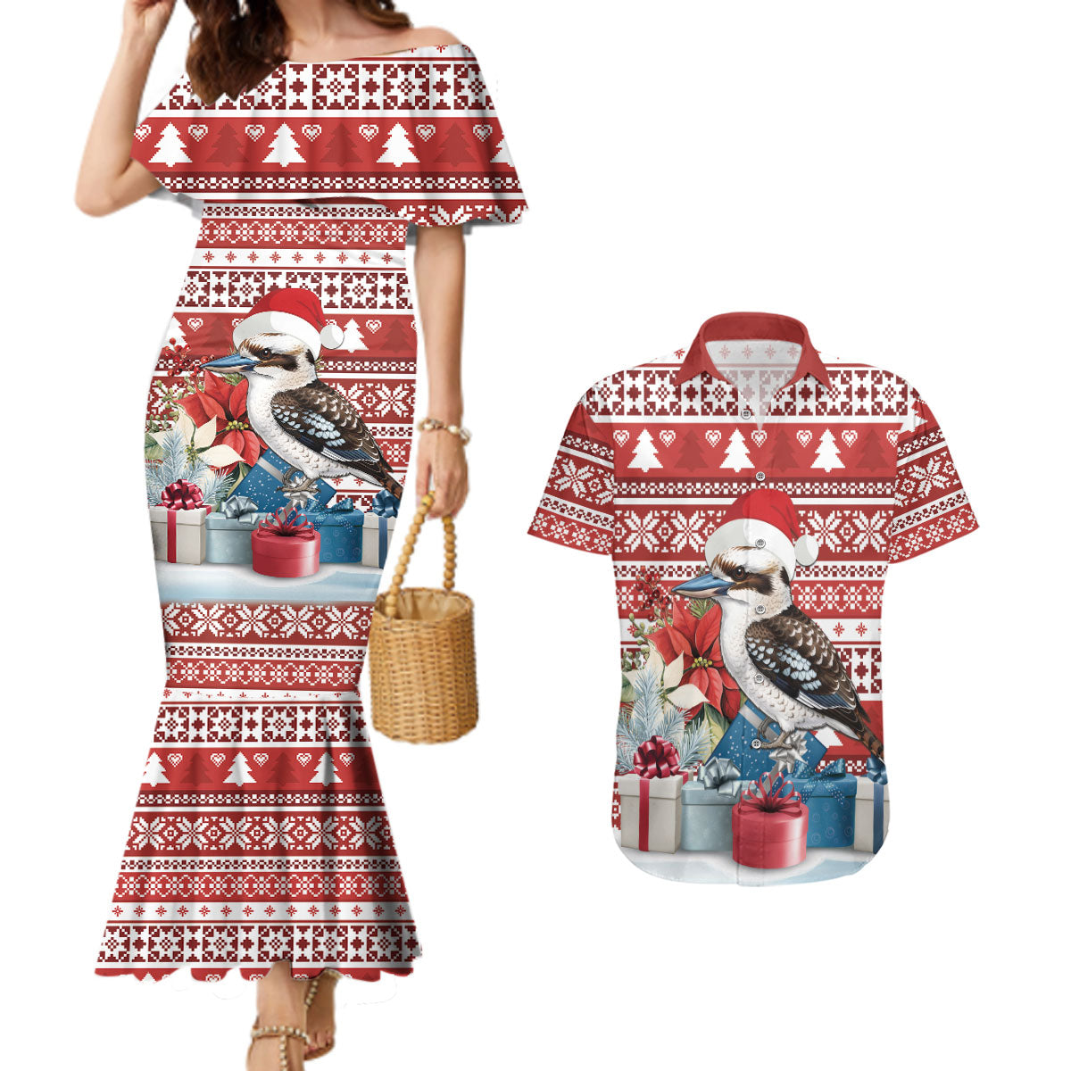 Australia Christmas In July Couples Matching Mermaid Dress and Hawaiian Shirt Kookaburra Santa Red Color