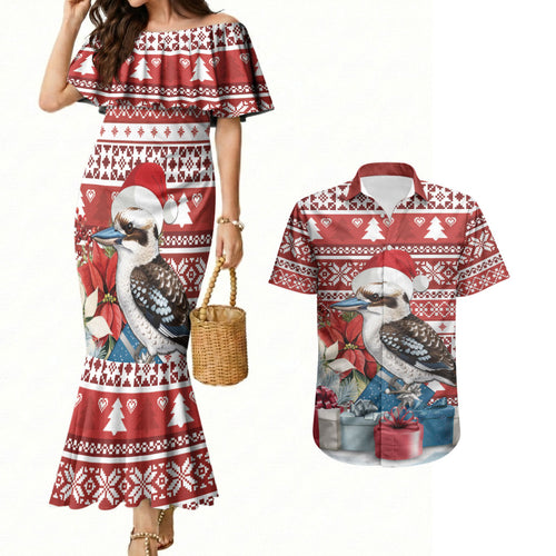Australia Christmas In July Couples Matching Mermaid Dress and Hawaiian Shirt Kookaburra Santa Red Color