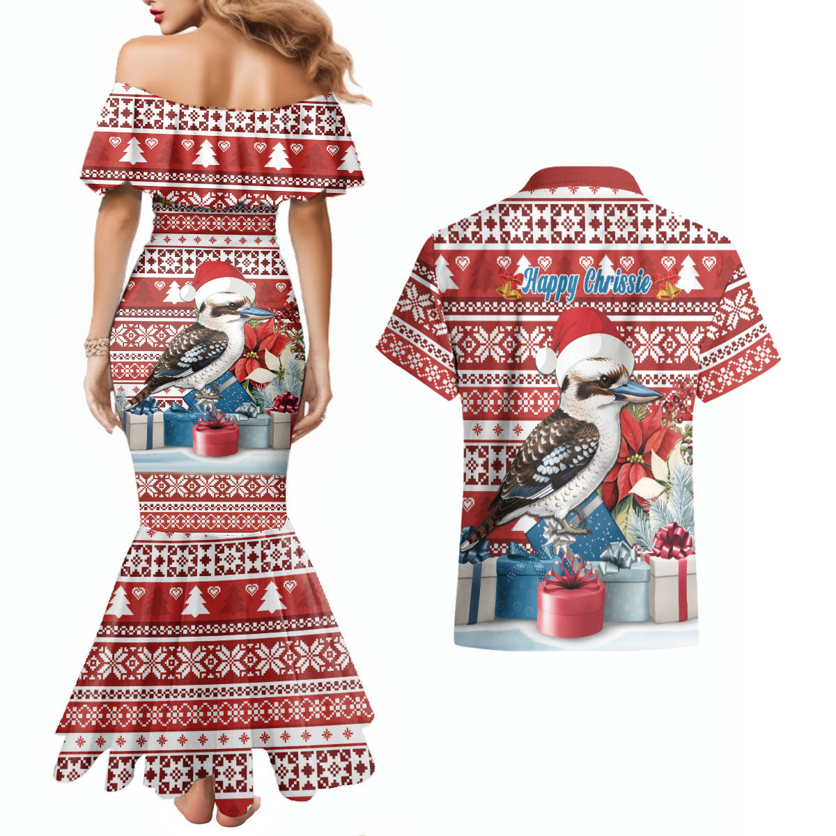Australia Christmas In July Couples Matching Mermaid Dress and Hawaiian Shirt Kookaburra Santa Red Color