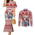 Australia Christmas In July Couples Matching Mermaid Dress and Long Sleeve Button Shirt Kookaburra Santa Red Color
