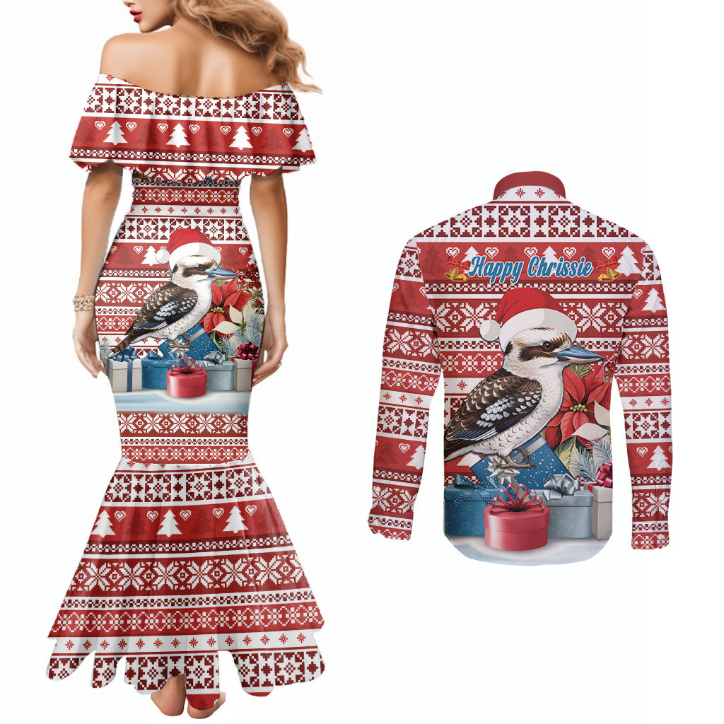 Australia Christmas In July Couples Matching Mermaid Dress and Long Sleeve Button Shirt Kookaburra Santa Red Color