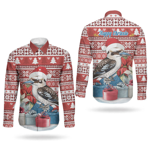 Australia Christmas In July Couples Matching Mermaid Dress and Long Sleeve Button Shirt Kookaburra Santa Red Color