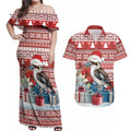 Australia Christmas In July Couples Matching Off Shoulder Maxi Dress and Hawaiian Shirt Kookaburra Santa Red Color