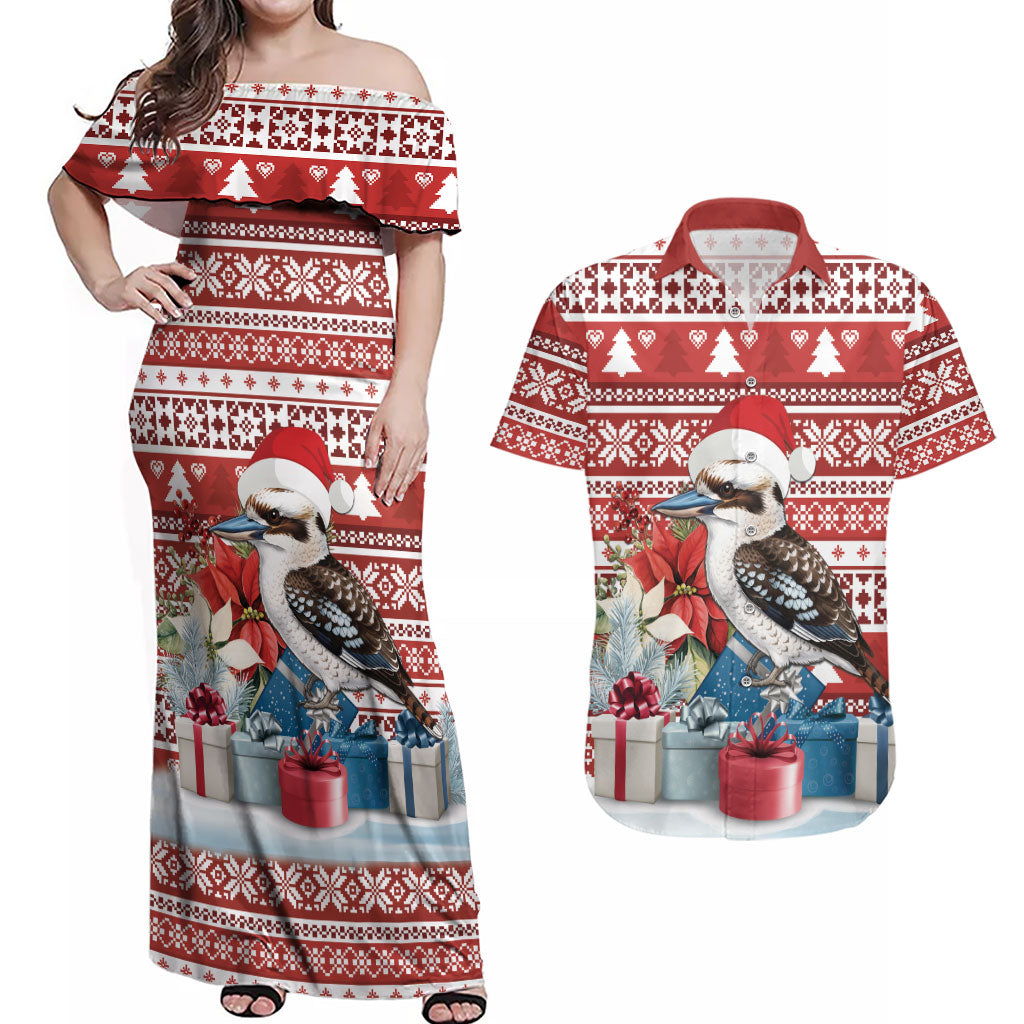 Australia Christmas In July Couples Matching Off Shoulder Maxi Dress and Hawaiian Shirt Kookaburra Santa Red Color