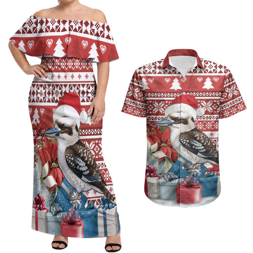 Australia Christmas In July Couples Matching Off Shoulder Maxi Dress and Hawaiian Shirt Kookaburra Santa Red Color