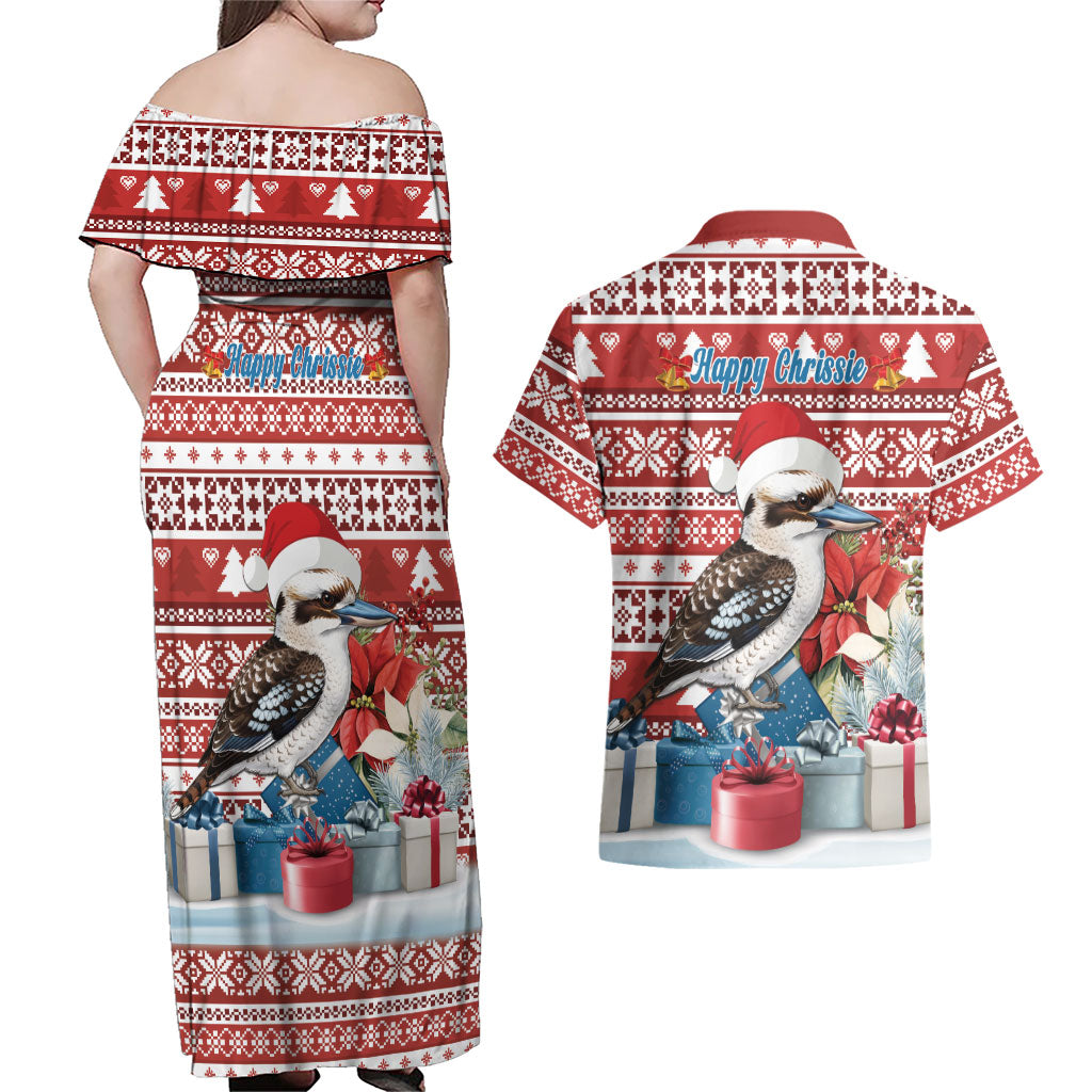 Australia Christmas In July Couples Matching Off Shoulder Maxi Dress and Hawaiian Shirt Kookaburra Santa Red Color
