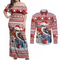 Australia Christmas In July Couples Matching Off Shoulder Maxi Dress and Long Sleeve Button Shirt Kookaburra Santa Red Color