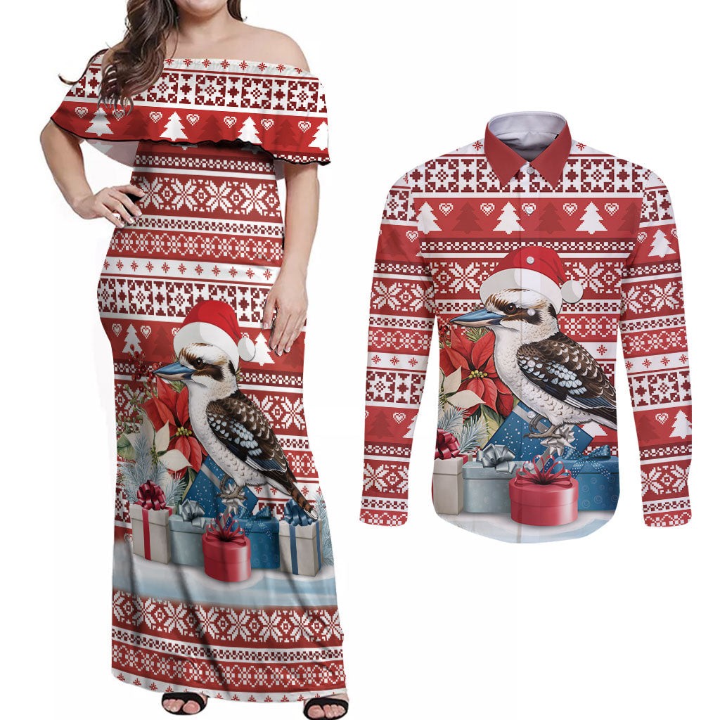 Australia Christmas In July Couples Matching Off Shoulder Maxi Dress and Long Sleeve Button Shirt Kookaburra Santa Red Color