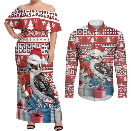 Australia Christmas In July Couples Matching Off Shoulder Maxi Dress and Long Sleeve Button Shirt Kookaburra Santa Red Color