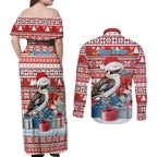 Australia Christmas In July Couples Matching Off Shoulder Maxi Dress and Long Sleeve Button Shirt Kookaburra Santa Red Color