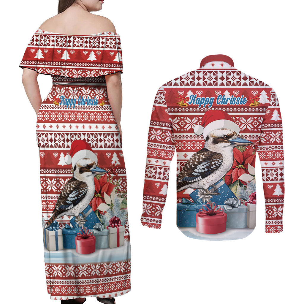 Australia Christmas In July Couples Matching Off Shoulder Maxi Dress and Long Sleeve Button Shirt Kookaburra Santa Red Color