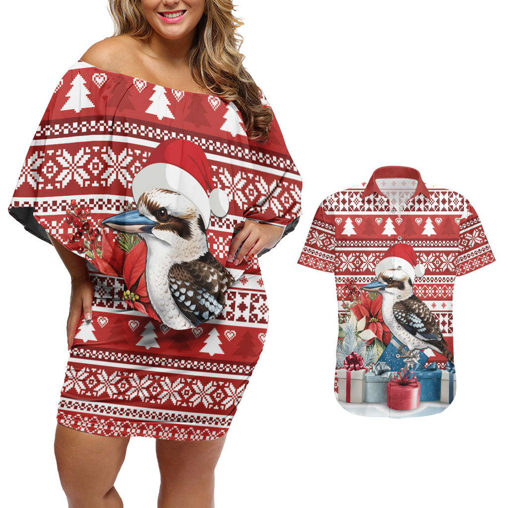 Australia Christmas In July Couples Matching Off Shoulder Short Dress and Hawaiian Shirt Kookaburra Santa Red Color