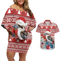 Australia Christmas In July Couples Matching Off Shoulder Short Dress and Hawaiian Shirt Kookaburra Santa Red Color