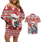 Australia Christmas In July Couples Matching Off Shoulder Short Dress and Hawaiian Shirt Kookaburra Santa Red Color