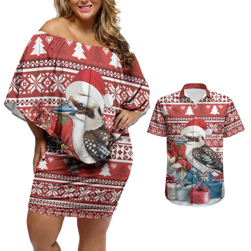 Australia Christmas In July Couples Matching Off Shoulder Short Dress and Hawaiian Shirt Kookaburra Santa Red Color