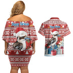 Australia Christmas In July Couples Matching Off Shoulder Short Dress and Hawaiian Shirt Kookaburra Santa Red Color