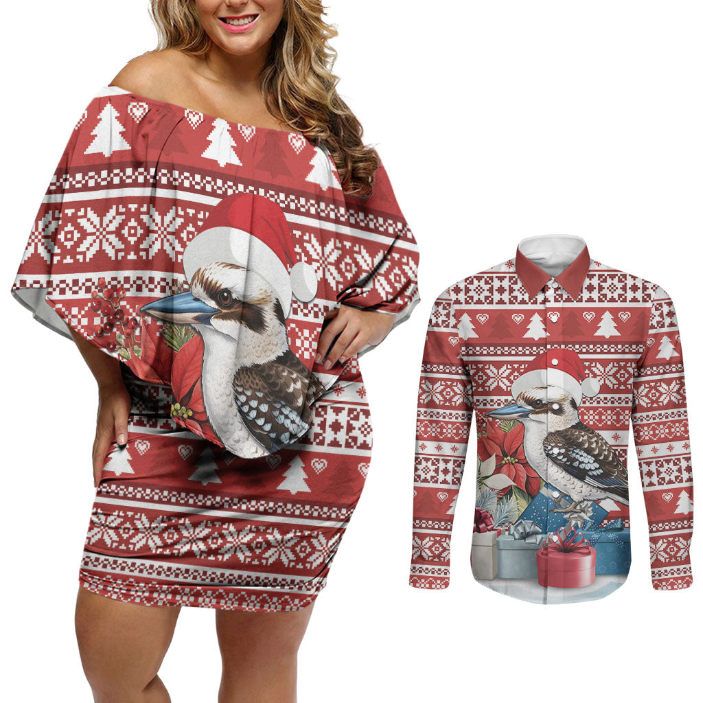 Australia Christmas In July Couples Matching Off Shoulder Short Dress and Long Sleeve Button Shirt Kookaburra Santa Red Color